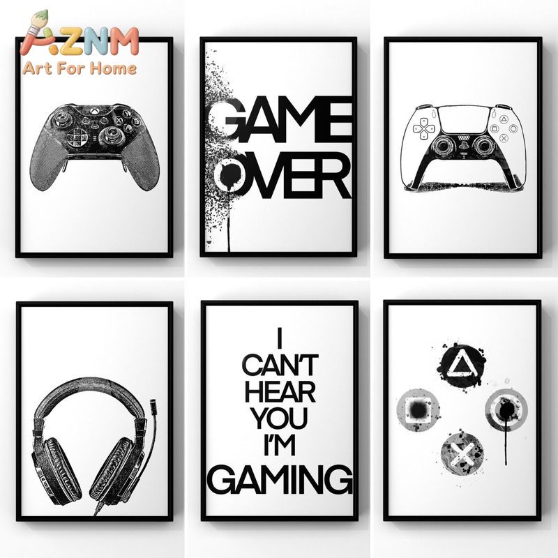 Gaming Accessories For Room - AZNM Zwart-Wit Gaming Canvas Wandkunst Gamecontroller